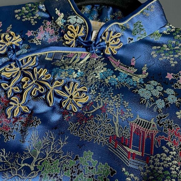 Vintage Peony Brand Shanghai Blue Rayon Cheongsam Dress with Side Slit Size 36 - Picture 4 of 12